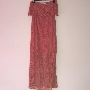 Pink Lace Strapless Maxi Dress